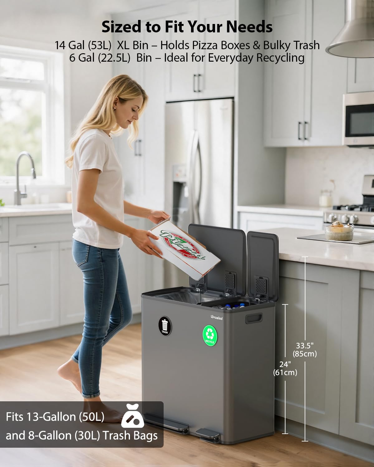 Lovewind Dual Trash and Recycling Bins for Kitchen, 2 * 11-Gallon Stainless Steel Double Trash Can, Step-On Garbage and Recycle Combo, Quiet Close, Pet-Proof, Compatible with 13-Gallon Bags, White