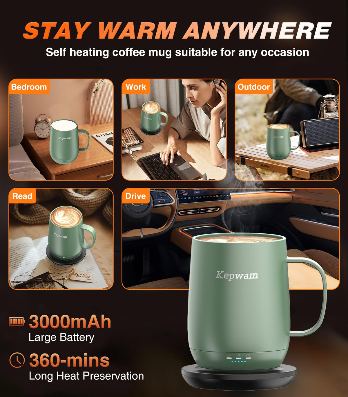 Kepwam Self-Heating Coffee Mug T2, 16oz Electric Heated Mug Hot Up to 149℉