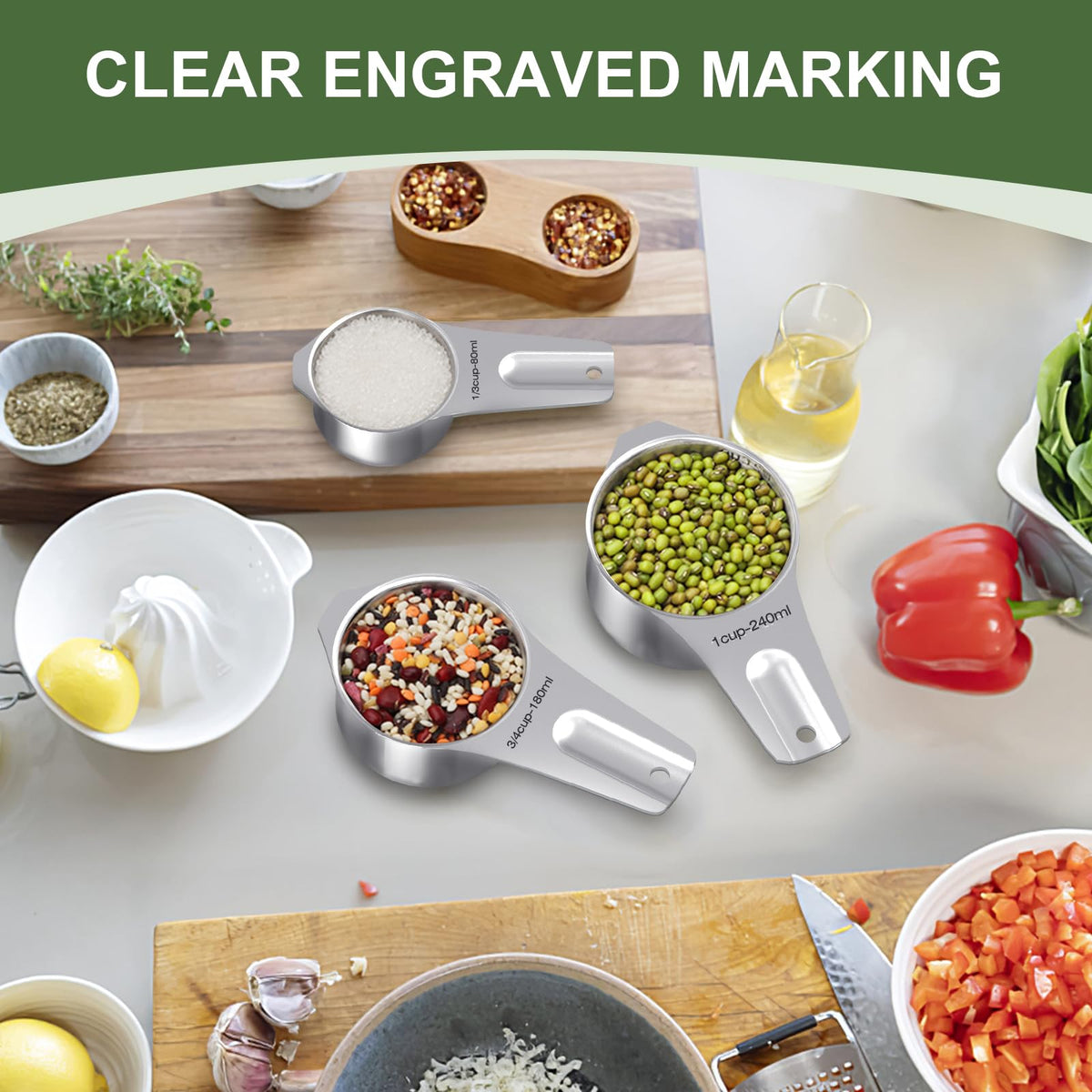 EWFEN Measuring Cups and Spoons Set, 7 Stainless Steel Nesting Measuring Cups & 7 Spoons, 5 Mini Measuring Spoons &1 Leveler, Kitchen Gadgets for Cooking & Baking, Square