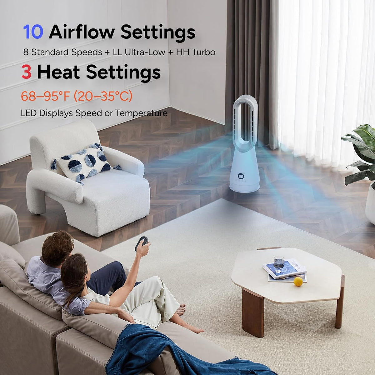3-in-1 Bladeless Fan Combo, 22" Bladeless Tower Fan with Air Purifier, 90° Oscillating Fast Heating & Cooling, Remote Control, Quiet Portable for Bedroom Home Office, White