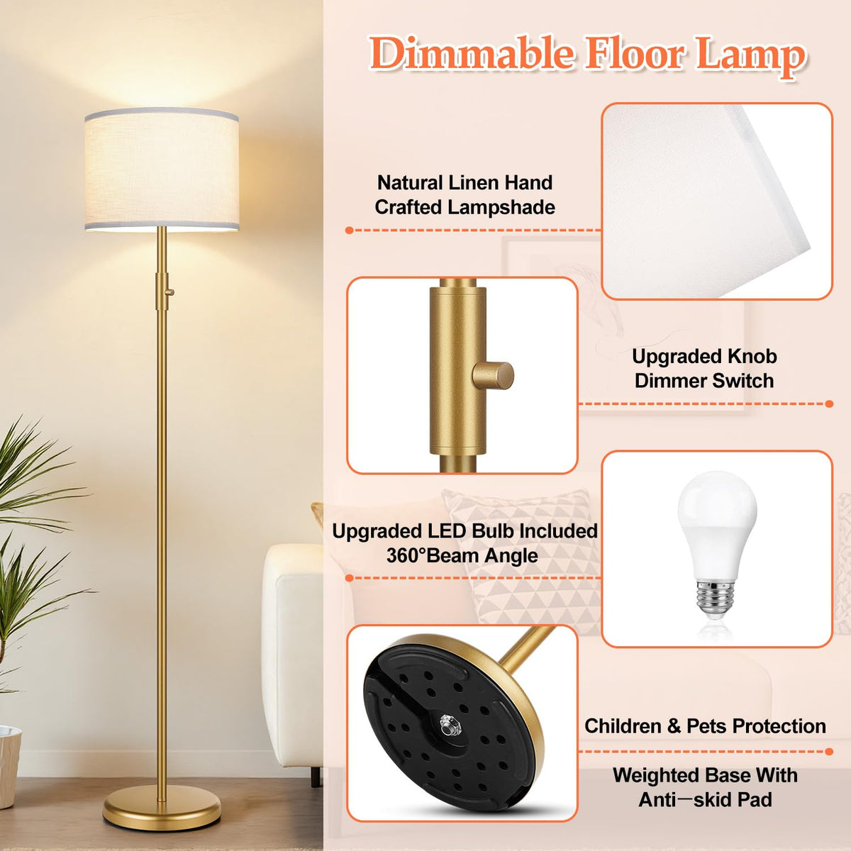 【Upgraded】 Dimmable Floor Lamp for Living Room,1000 Lumens Bulb Included, Modern Floor Lamps Simple Design with Linen Shade, Tall Standing Lamp for Bedroom Office Dining Room, Black Pole Lamp