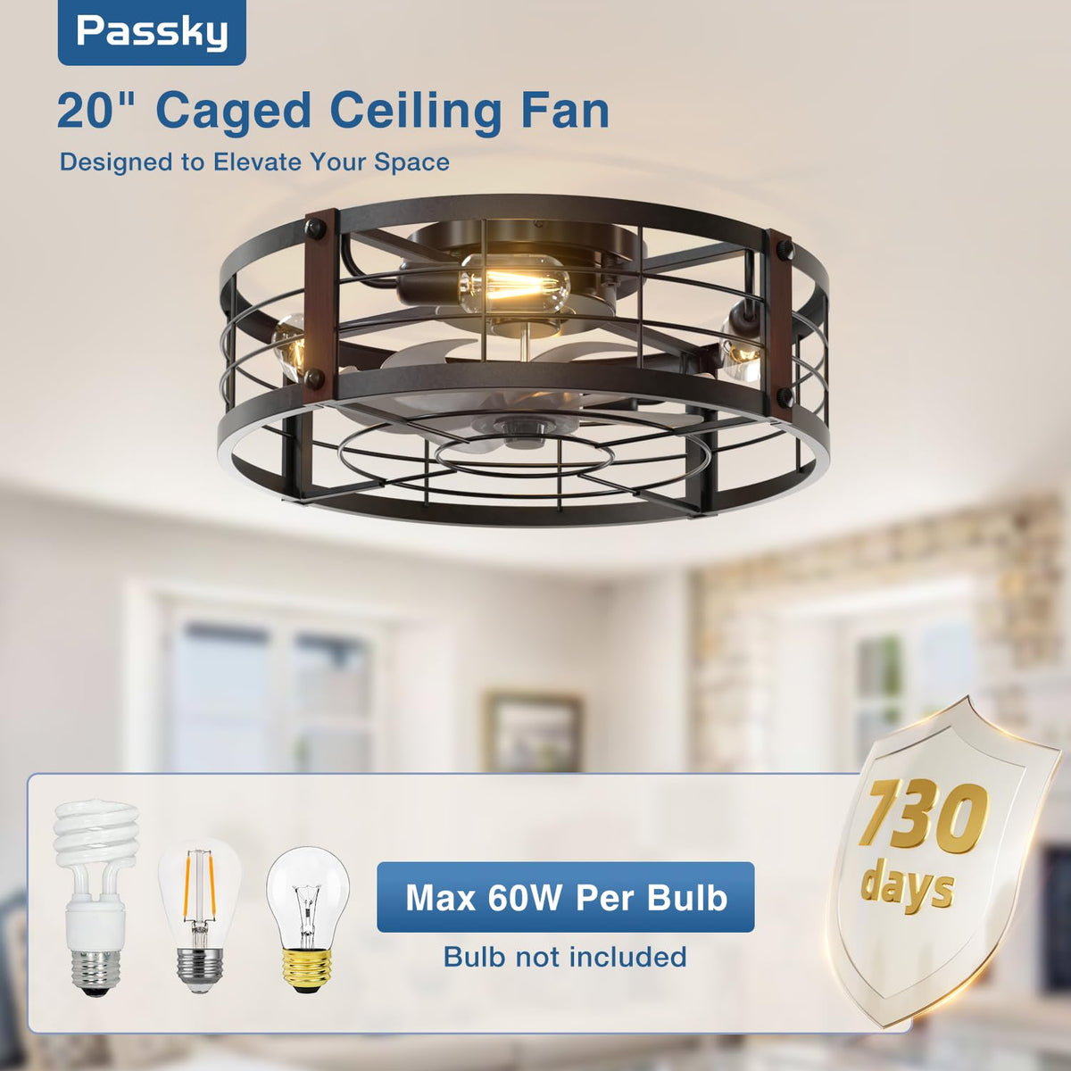 Passky 20" Caged Ceiling Fans with Lights and Remote, Low Profile Fandelier