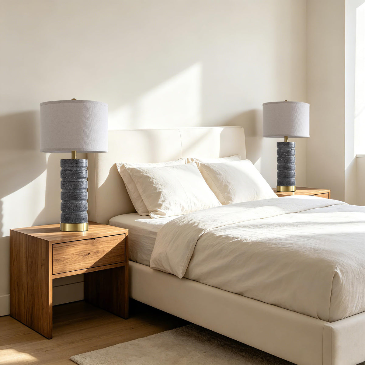 AIEAMPDO 26" Set of 2 Travertine Resin Table Lamps for Bedroom, Brass Base