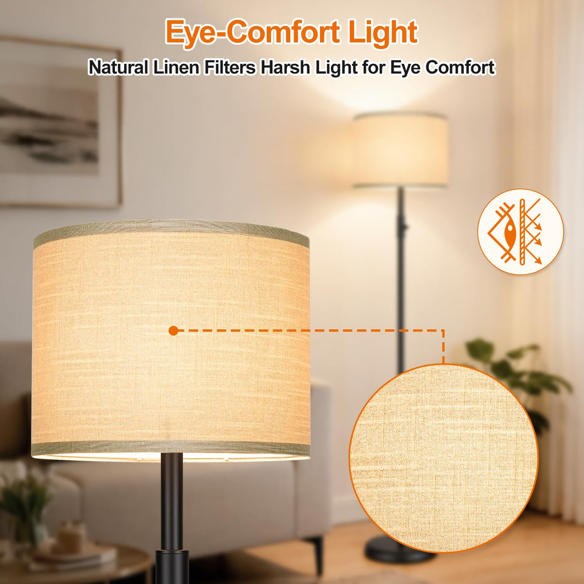 【Upgraded】 Dimmable Floor Lamp for Living Room,1000 Lumens Bulb Included, Modern Floor Lamps Simple Design with Linen Shade, Tall Standing Lamp for Bedroom Office Dining Room, Black Pole Lamp
