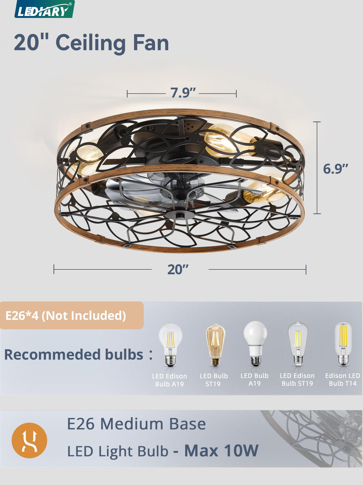 LEDIARY Caged Ceiling Fan with Light, Flush Mount Fandalier with Remote