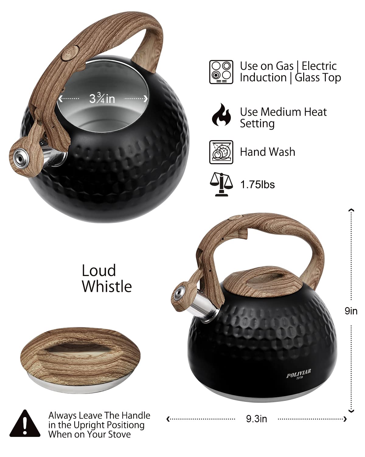 POLIVIAR Tea Kettle, 2.7 Quart Natural Stone Finish with Wood Pattern Handle Loud Whistle Food Grade Stainless Steel Teapot, Anti-Hot Handle and Anti-Rust, Suitable for All Heat Sources (JX2018-GR20)