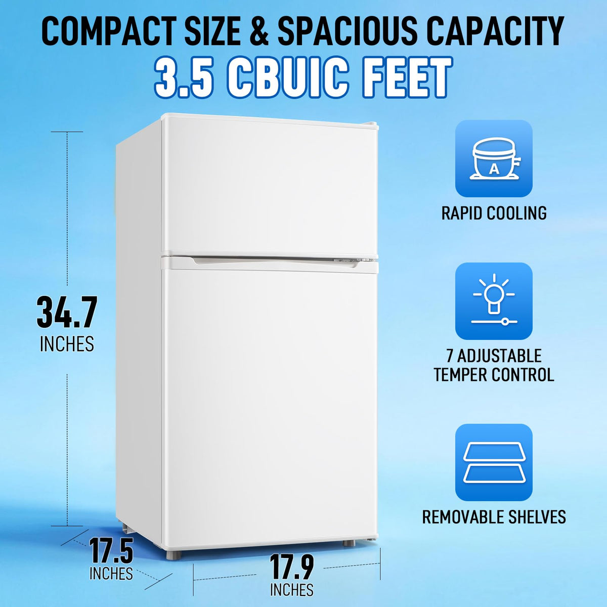 Mini Fridge with Freezer, 3.5 cubic feet 2- Doors Small Refrigerator Features 7 Gear Mechanical Control, Side Bottle Rack, Ideal for Dorm, Kitchen, Apartment, Office, Silver