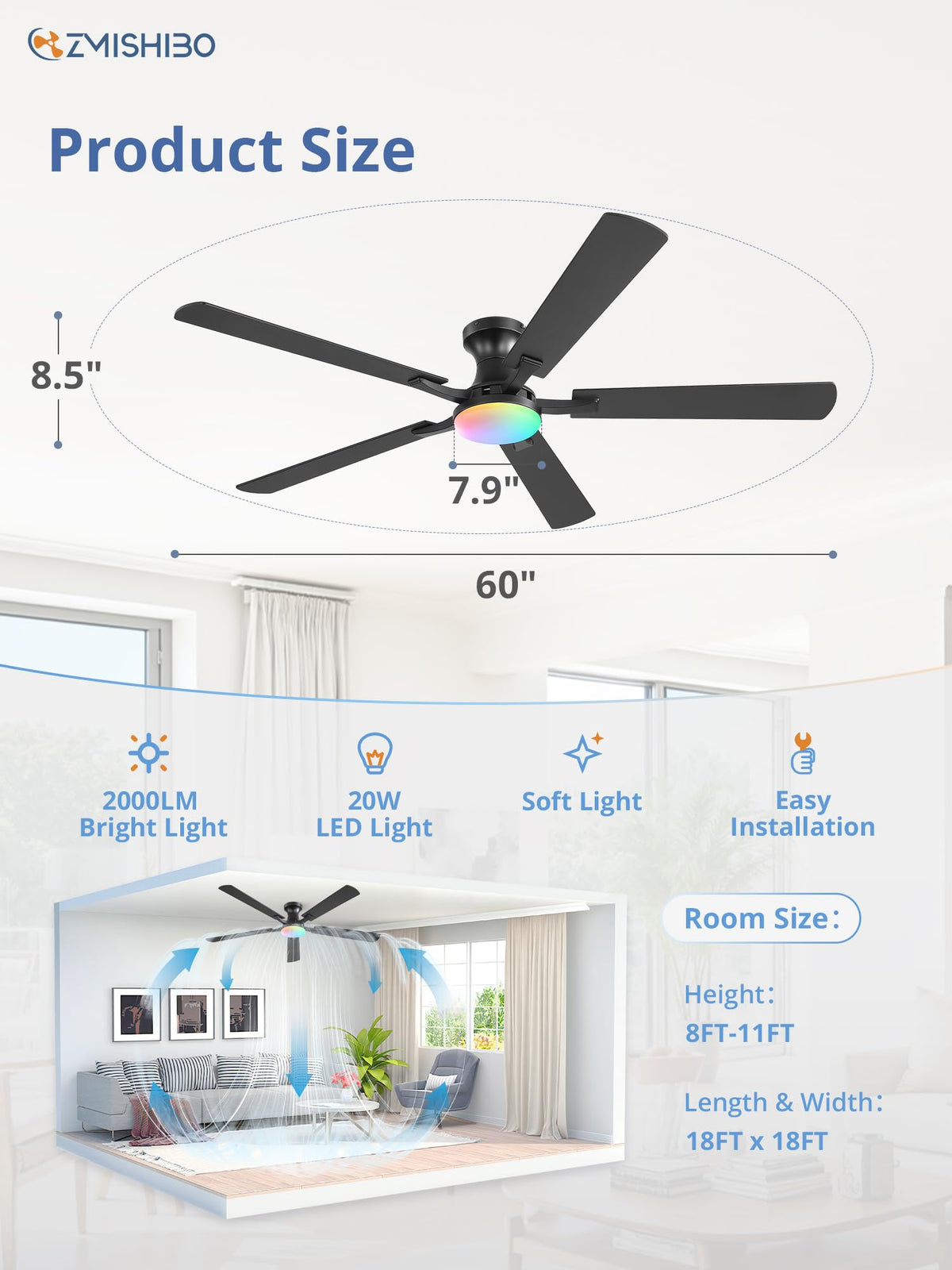 ZMISHIBO 52 Inch Ceiling Fans with Lights, Remote&App Control, Flush Mount
