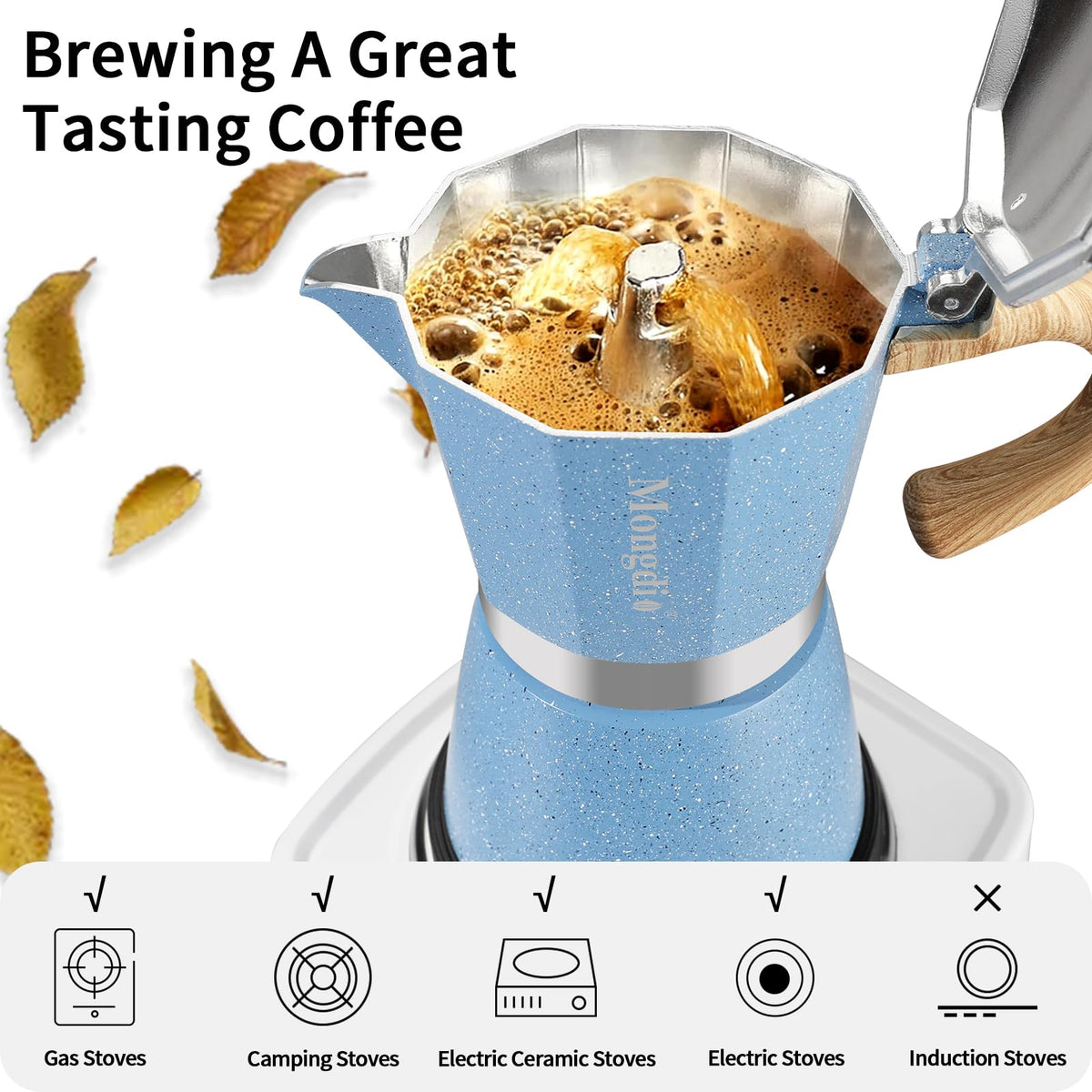 Mongdio Stovetop Espresso Maker Moka Pot, Cuban Coffee Maker Stove Top Coffee Maker Moka Italian Espresso Greca Coffee Maker Brewer Percolator, 6 Espresso Cups, 10 oz - Black