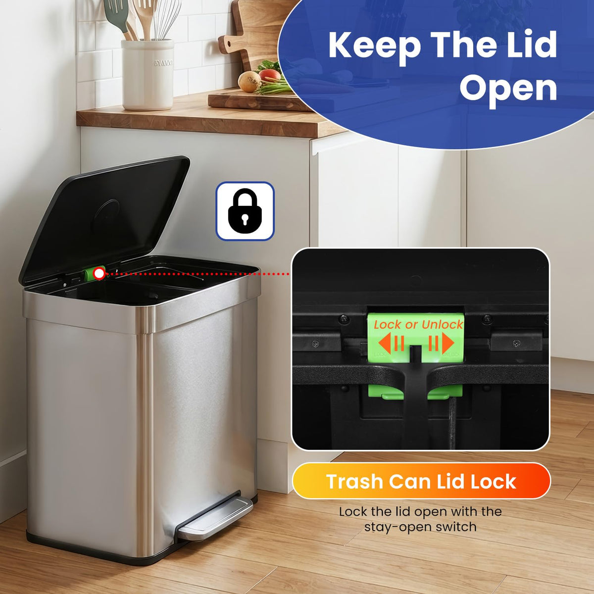 PayLessHere | 13G Trash Can with Lid | Steel | Removable Inner Bucket