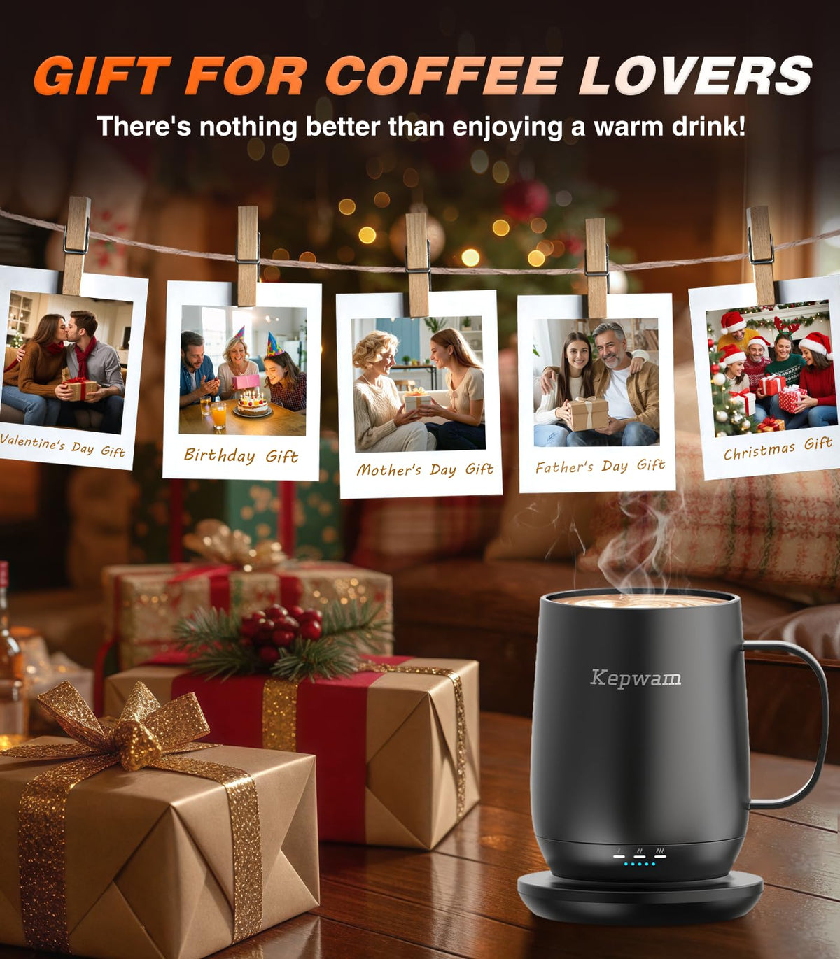 Kepwam Self-Heating Coffee Mug T2, 16oz Electric Heated Mug Hot Up to 149℉