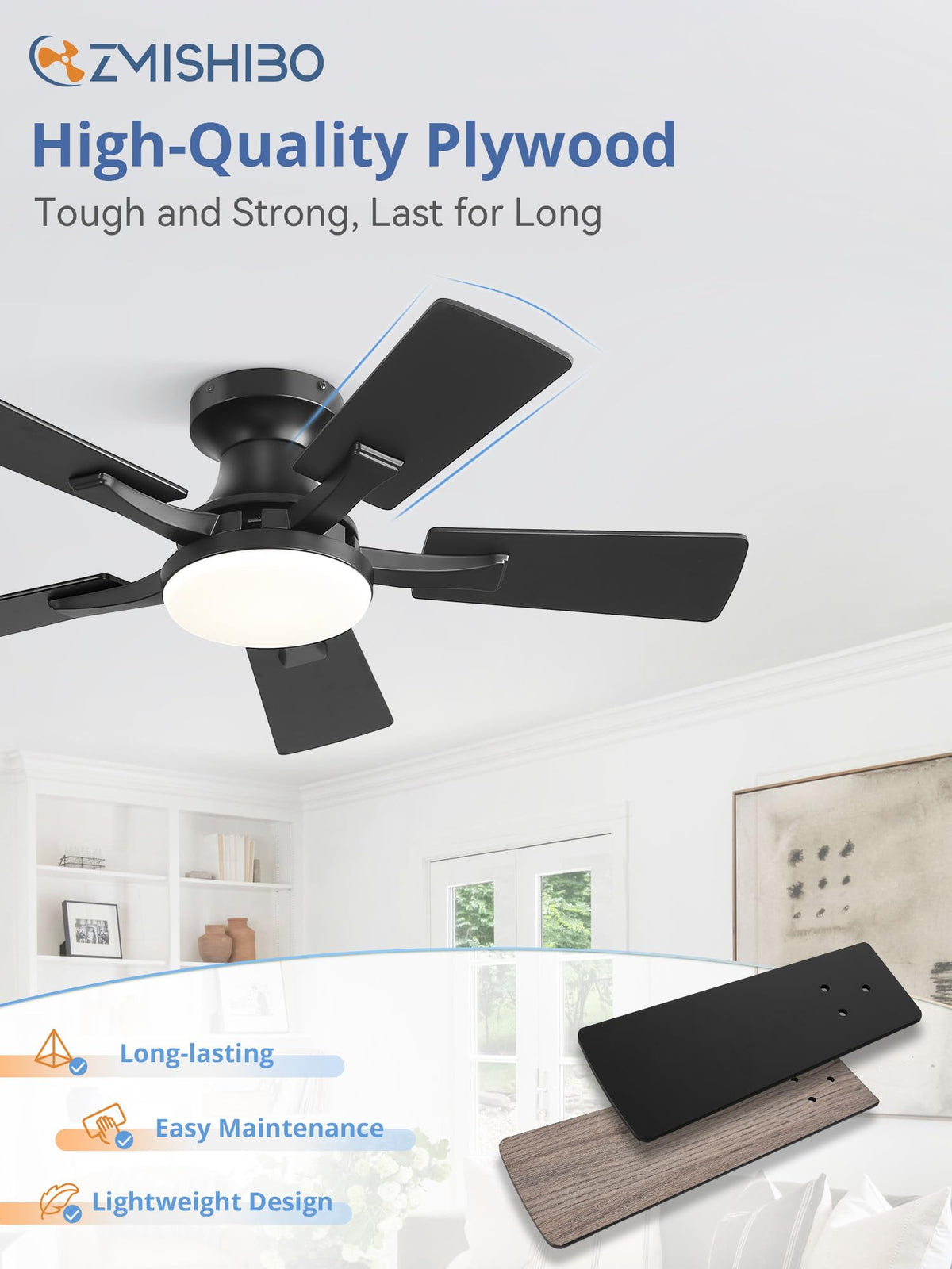 ZMISHIBO 52 Inch Ceiling Fans with Lights, Remote&App Control, Flush Mount