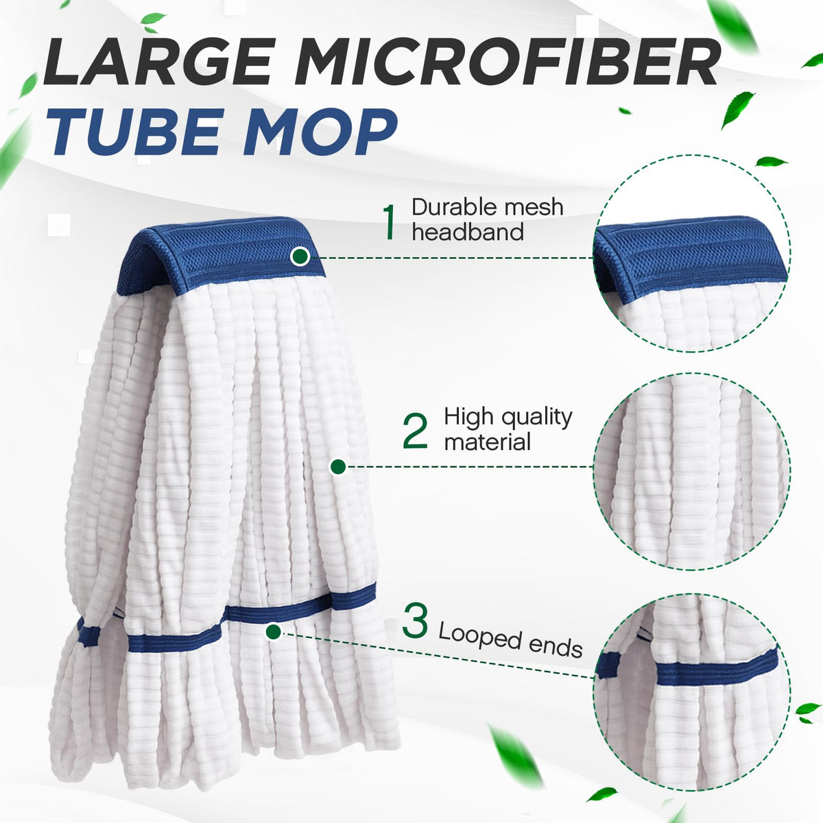 Hushee 12 Pcs Large Microfiber Tube Mop Heads 18 Oz Looped End,Green