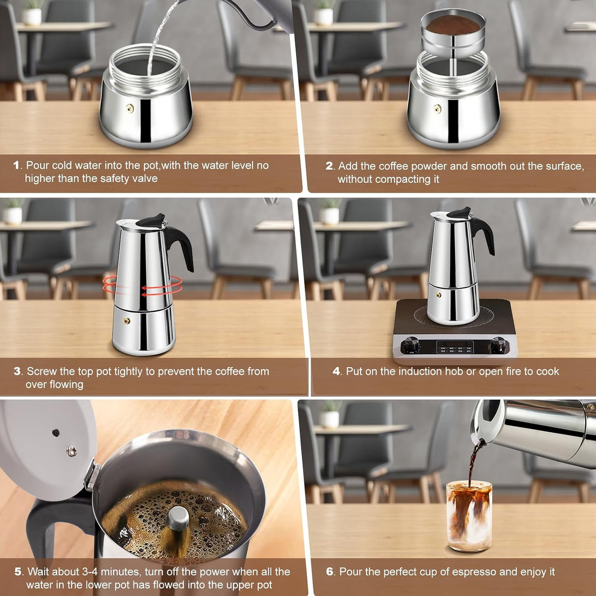 6 Cup Stovetop Espresso Maker Stainless Steel Moka Pot Stove Top Percolator Italian Coffee Makers Capable Mocha Greca Machine Cafe Classic Induction Cookers for Home and Camping 300ml 10oz