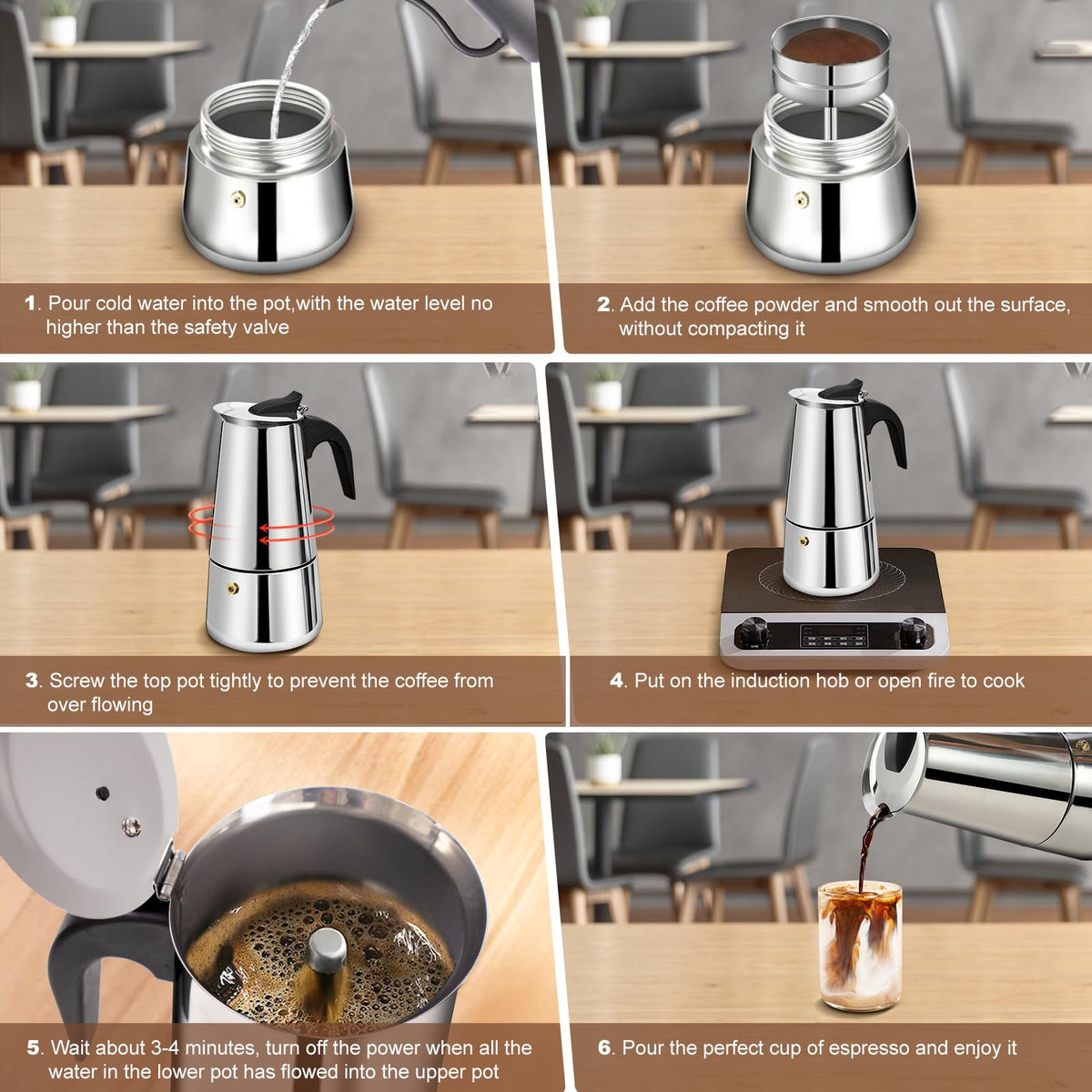 6 Cup Stovetop Espresso Maker Stainless Steel Moka Pot Stove Top Percolator Italian Coffee Makers Capable Mocha Greca Machine Cafe Classic Induction Cookers for Home and Camping 300ml 10oz