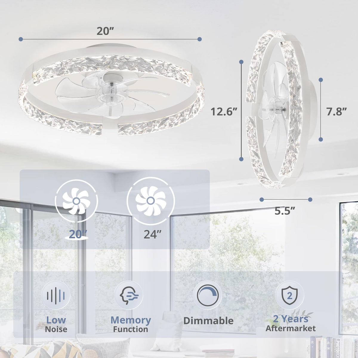 LEDIARY 20" Modern Ceiling Fans with Lights and Remote, White Fandelier