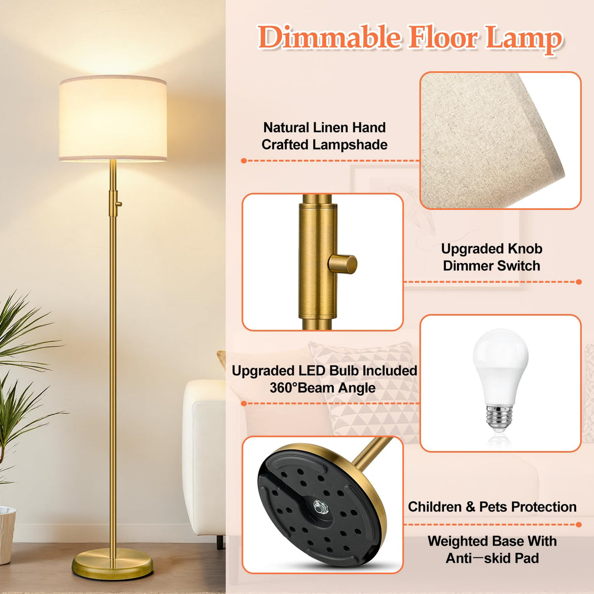 【Upgraded】 Dimmable Floor Lamp for Living Room,1000 Lumens Bulb Included, Modern Floor Lamps Simple Design with Linen Shade, Tall Standing Lamp for Bedroom Office Dining Room, Black Pole Lamp