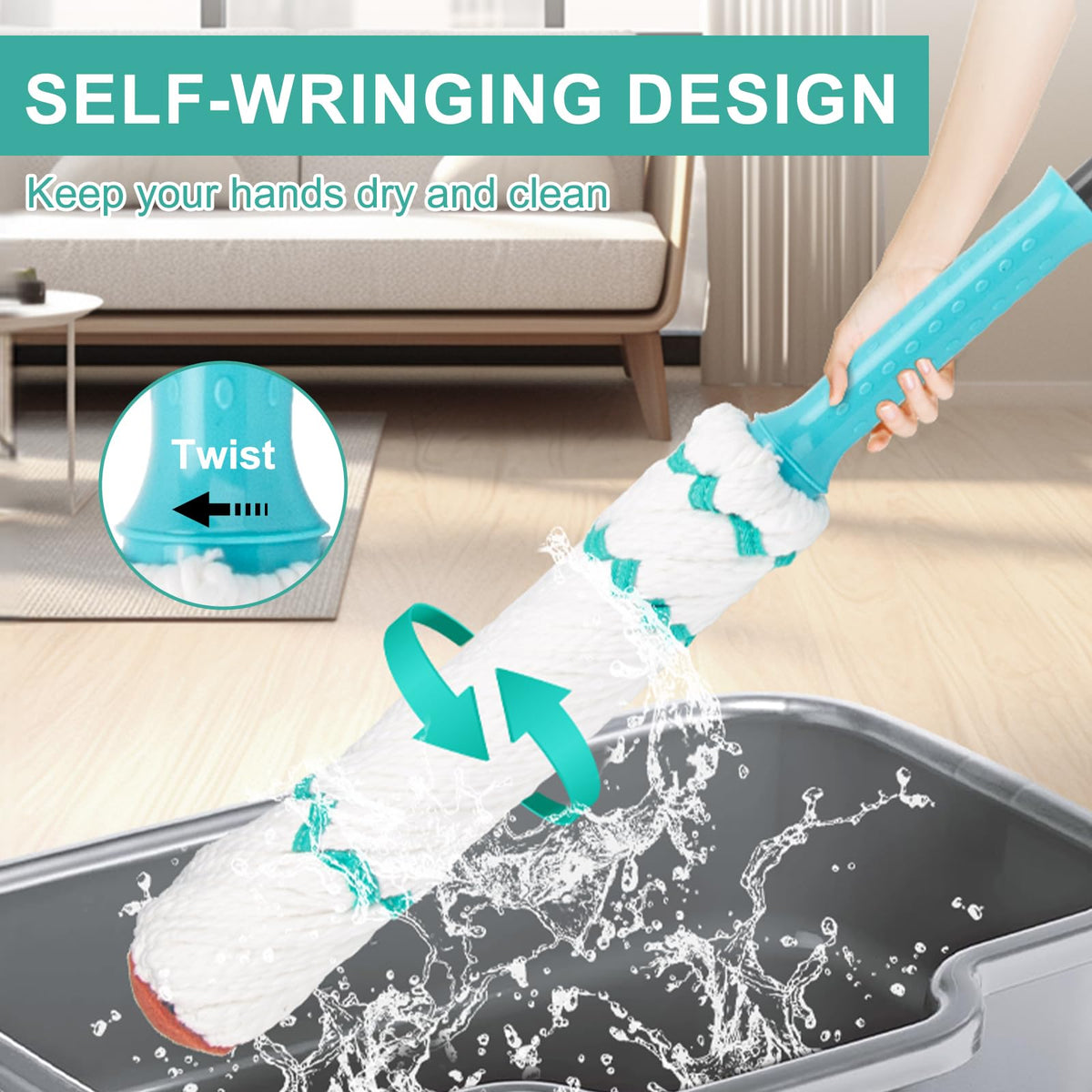 Self-Wringing Twist Mops for Floor Cleaning, Microfiber Floor mop with 57 " Long Handle, Easy Wringing Mop for Hardwood Commercial Household Clean