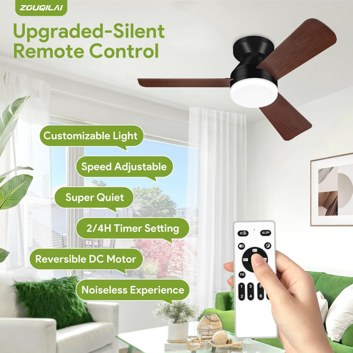 42'' Black Low Profile Ceiling Fans with Lights and Remote Control