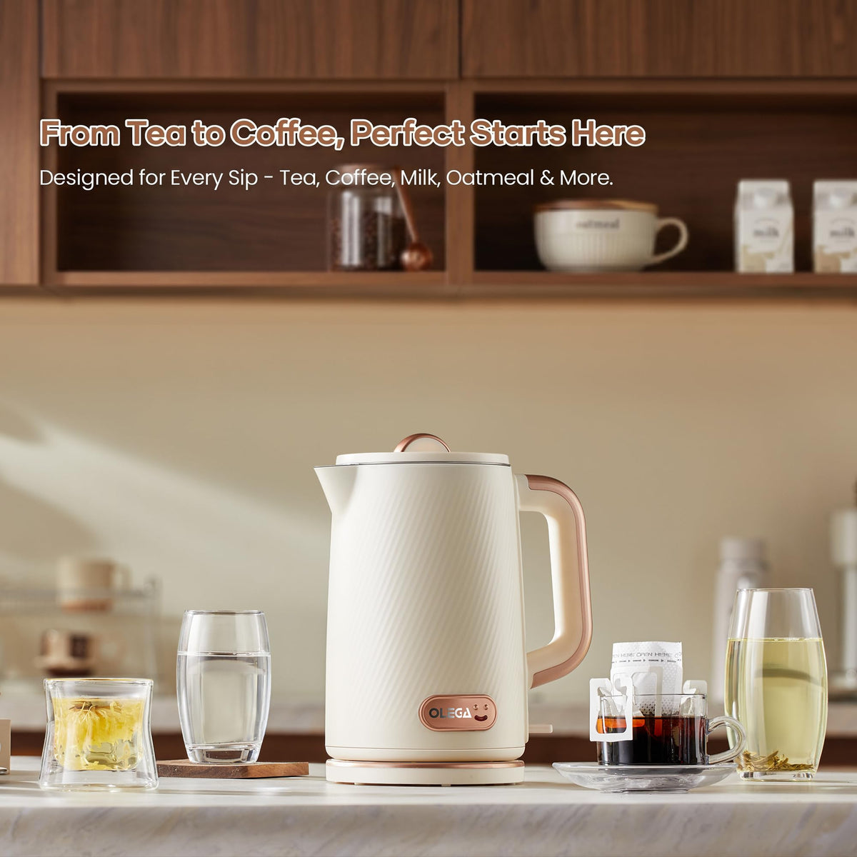 OLEGA Electric Kettle: 1200W Fast Boil Electric Water Kettles, 1.5L Double Wall Stainless Steel Tea Kettle, Auto Shut-Off, BPA-Free Hot Water Boiler Teapot for Coffee & Tea -Ligth Green