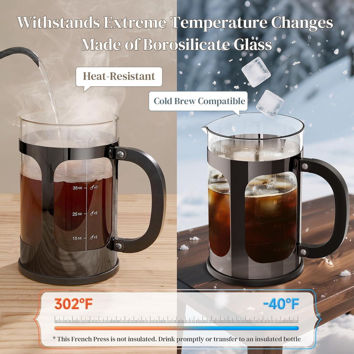 Veken 34oz French Press Coffee Maker, No Plastic Touching Cafe,1 L Cafetera