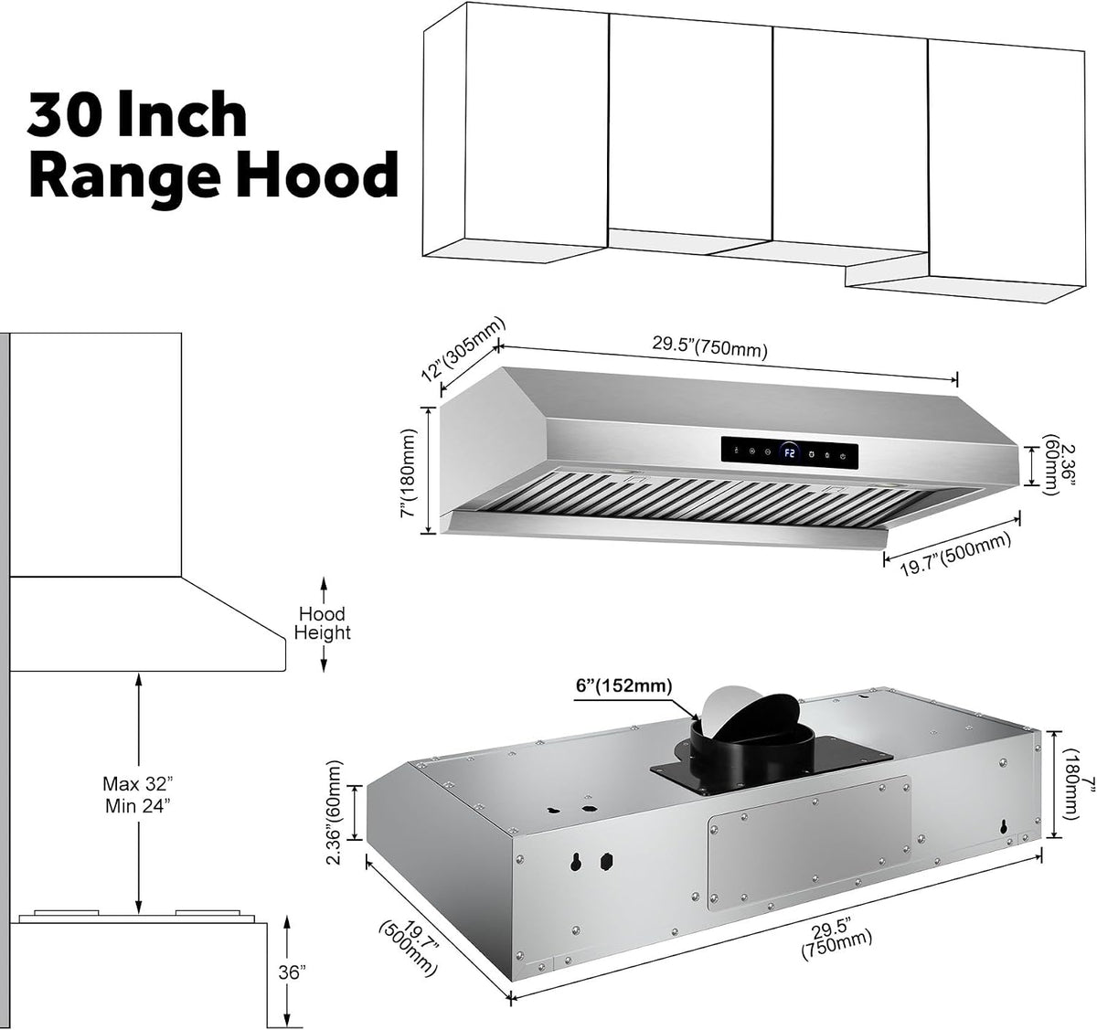 30 inch Under Cabinet Range Hood 1200 CFM Stainless Steel Vent Hoods