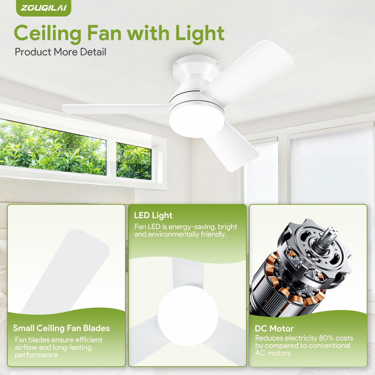 42'' Black Low Profile Ceiling Fans with Lights and Remote Control