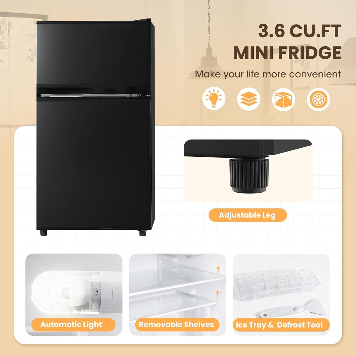 3.6 Cu.Ft Refrigerator with Freezer for Kitchen Office, Black