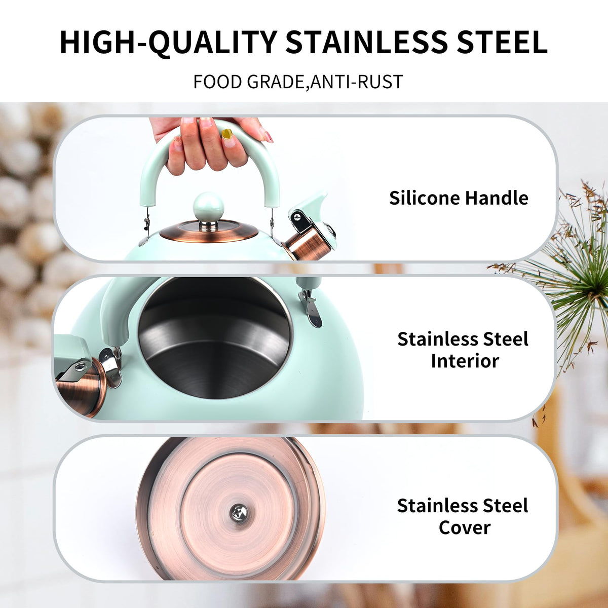 2.6 Quart Yellow Whistling Tea Kettle, Multiple Color Available, Stainless Steel Stovetop Teapot with Cool-Touch Handle, Loud Whistle, Induction Compatible for Gas, Electric & Glass Cooktops