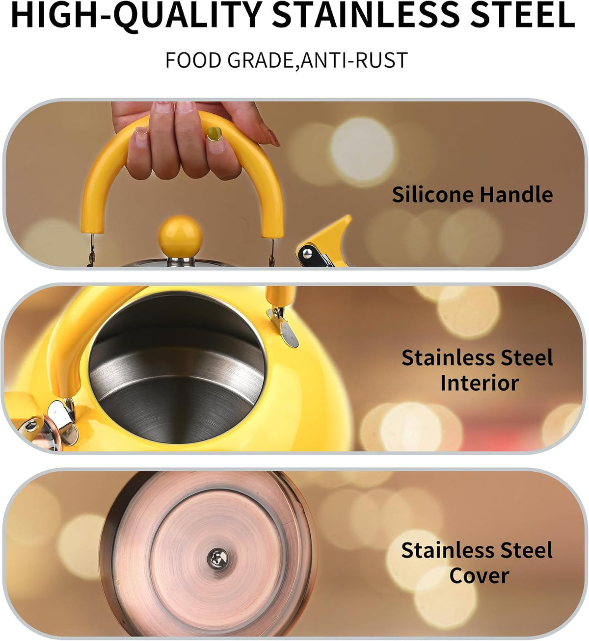 2.6 Quart Yellow Whistling Tea Kettle, Multiple Color Available, Stainless Steel Stovetop Teapot with Cool-Touch Handle, Loud Whistle, Induction Compatible for Gas, Electric & Glass Cooktops