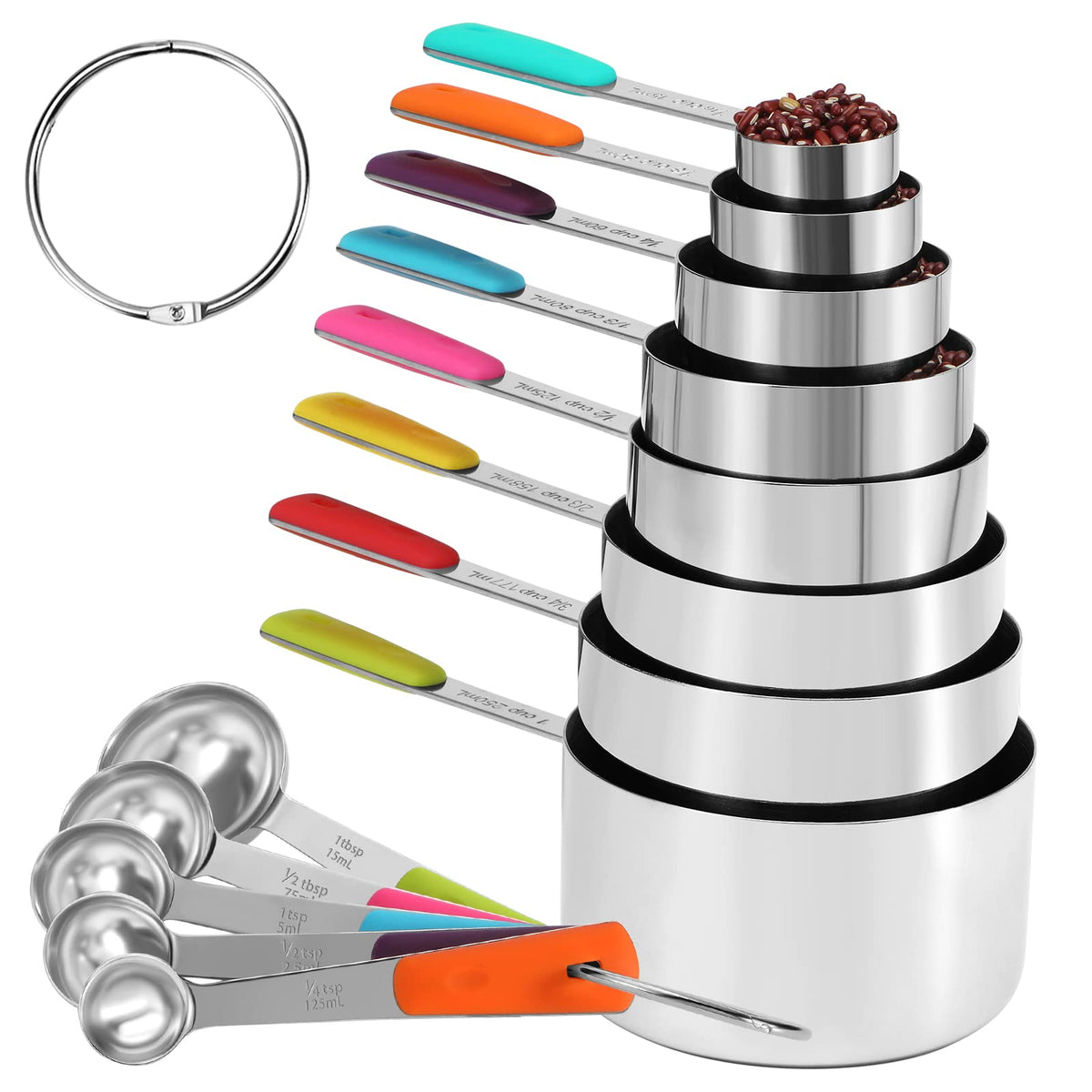 10-Pcs Stainless Steel Measuring Cups & Spoons Set, Colorful Handles