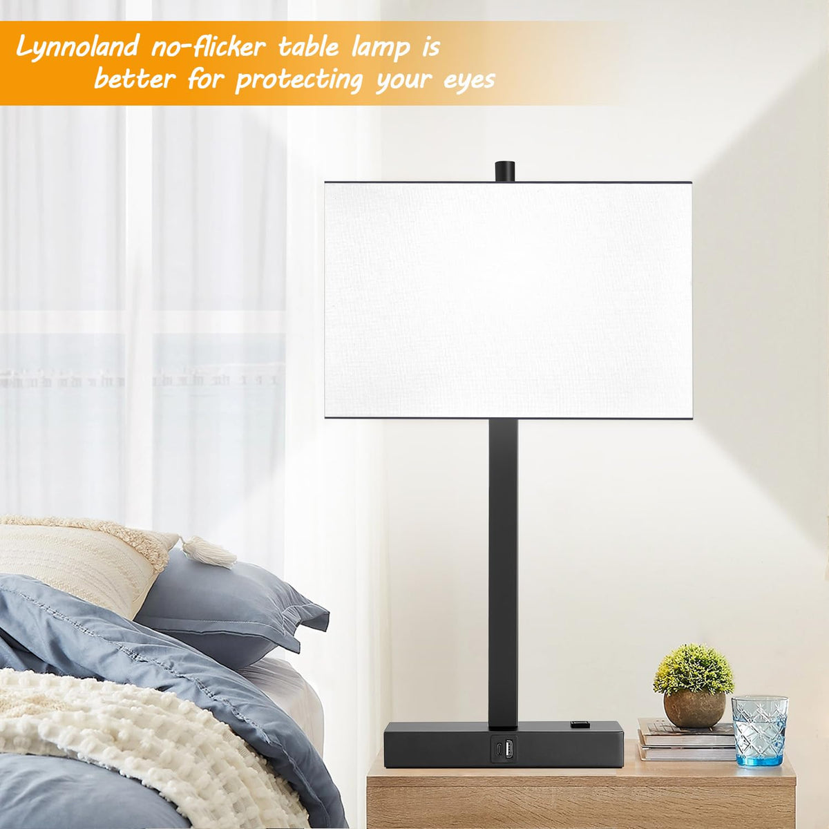 Lynnoland Set of 2 Touch Control Table Lamps with 2 USB & AC Outlet, 3-Way Dimmable Bedside Nightstand Lamps for Bedroom Living Room Nursery, 800 Lumens 5000K Daylight Bulbs Included