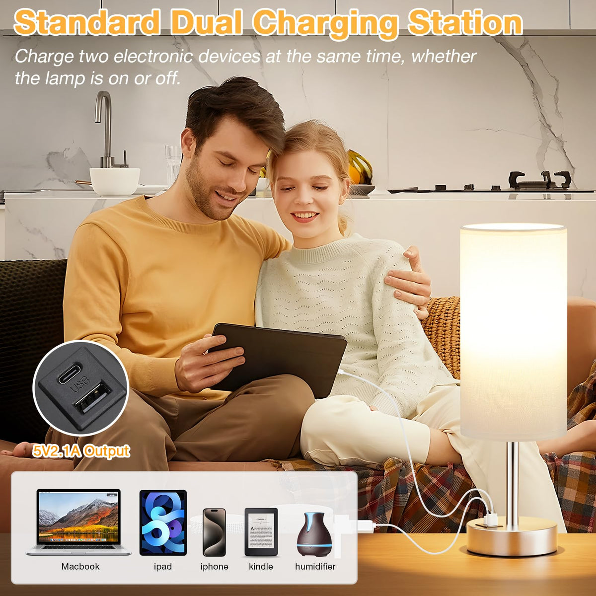 Dicoool Bedside Table Lamp for Bedroom - 3-Way Dimmable Touch Lamp, USB A+C