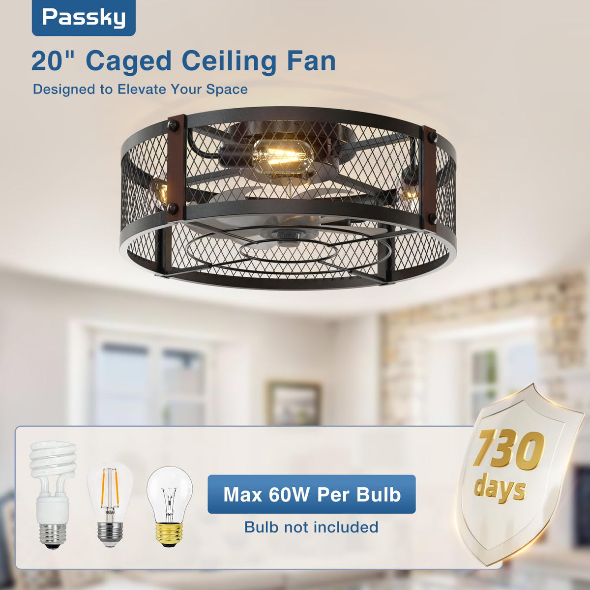 Passky 20" Caged Ceiling Fans with Lights and Remote, Low Profile Fandelier