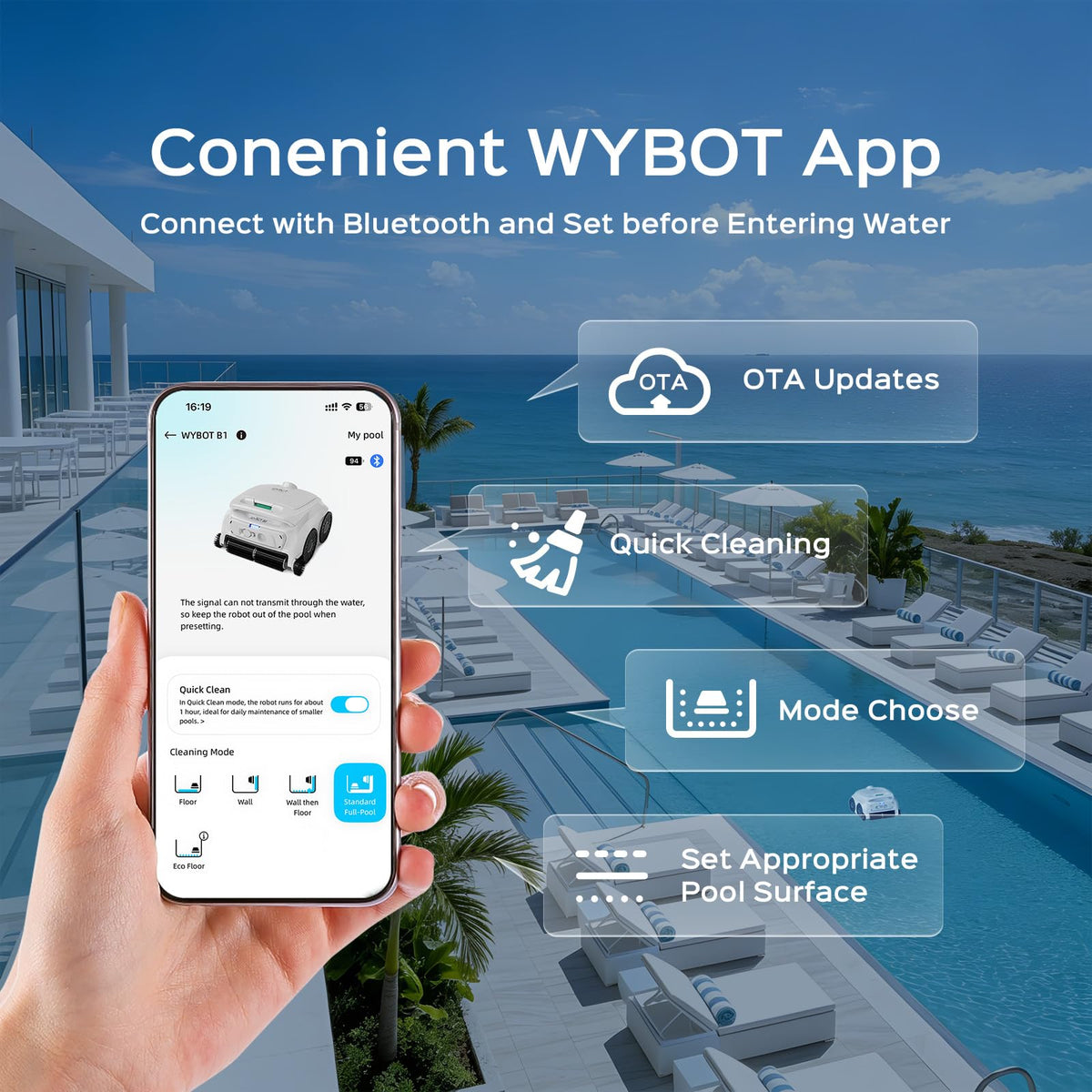 WYBOT B1 Cordless Robotic Pool Vacuum Pool Cleaner Robot for Inground Pools | Quad-Roller Brushes for Edge Cleaning, Floor & Wall Coverage, High Obstacle Crossing, Lightweight, App Control