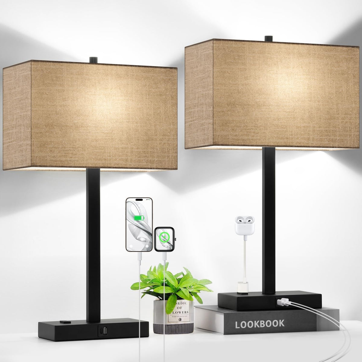 Lynnoland Set of 2 Touch Control Table Lamps with 2 USB & AC Outlet, 3-Way Dimmable Bedside Nightstand Lamps for Bedroom Living Room Nursery, 800 Lumens 5000K Daylight Bulbs Included