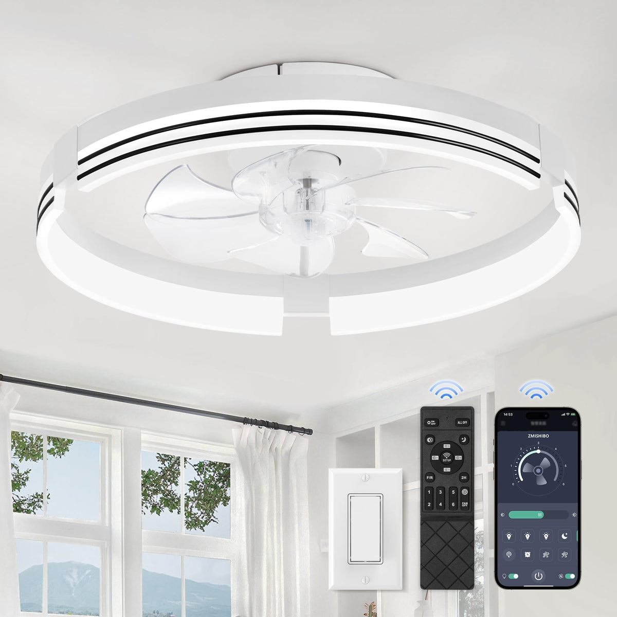 ZMISHIBO Low Profile Ceiling Fans with Lights and Remote, 20" Black