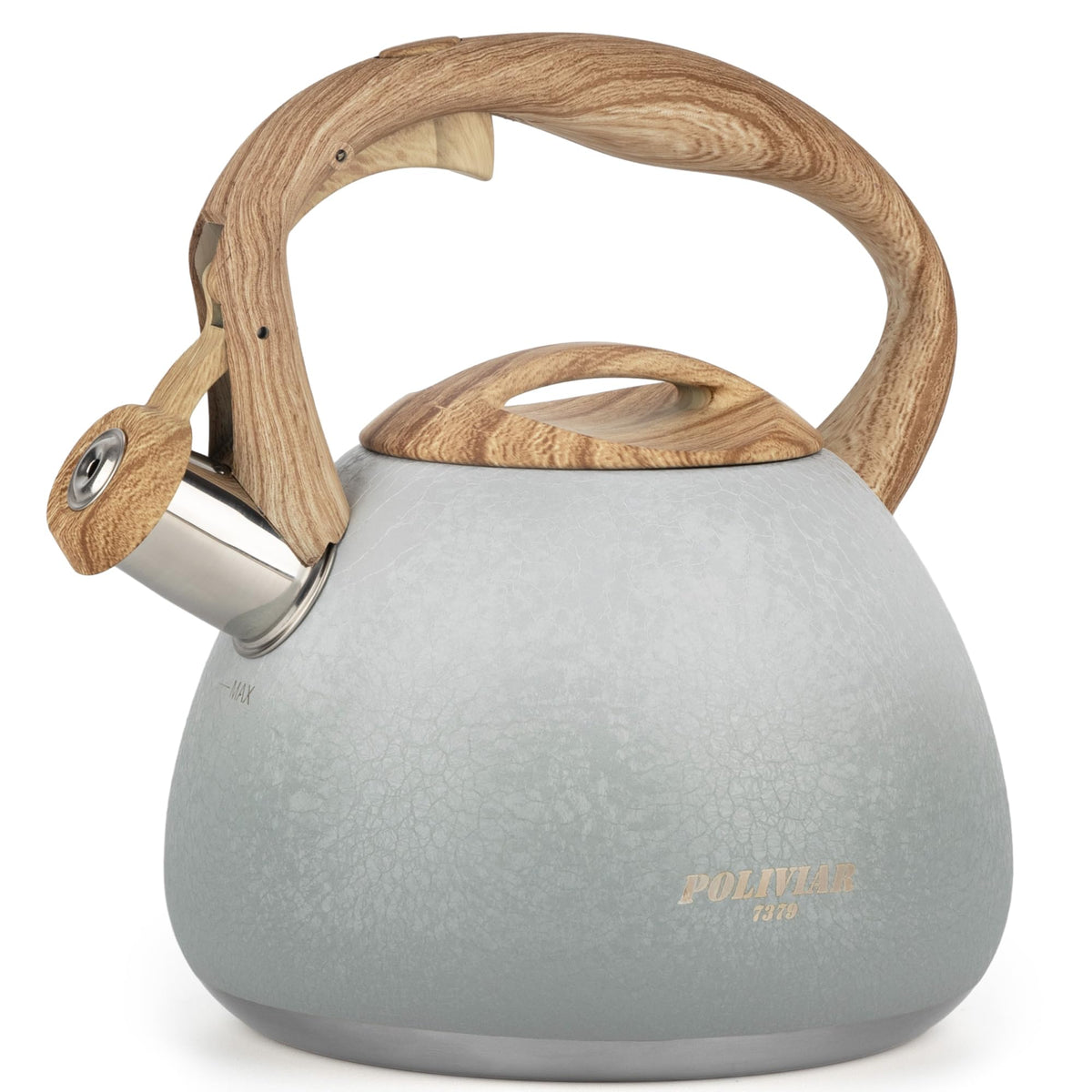 POLIVIAR Tea Kettle, 2.7 Quart Natural Stone Finish with Wood Pattern Handle Loud Whistle Food Grade Stainless Steel Teapot, Anti-Hot Handle and Anti-Rust, Suitable for All Heat Sources (JX2018-GR20)