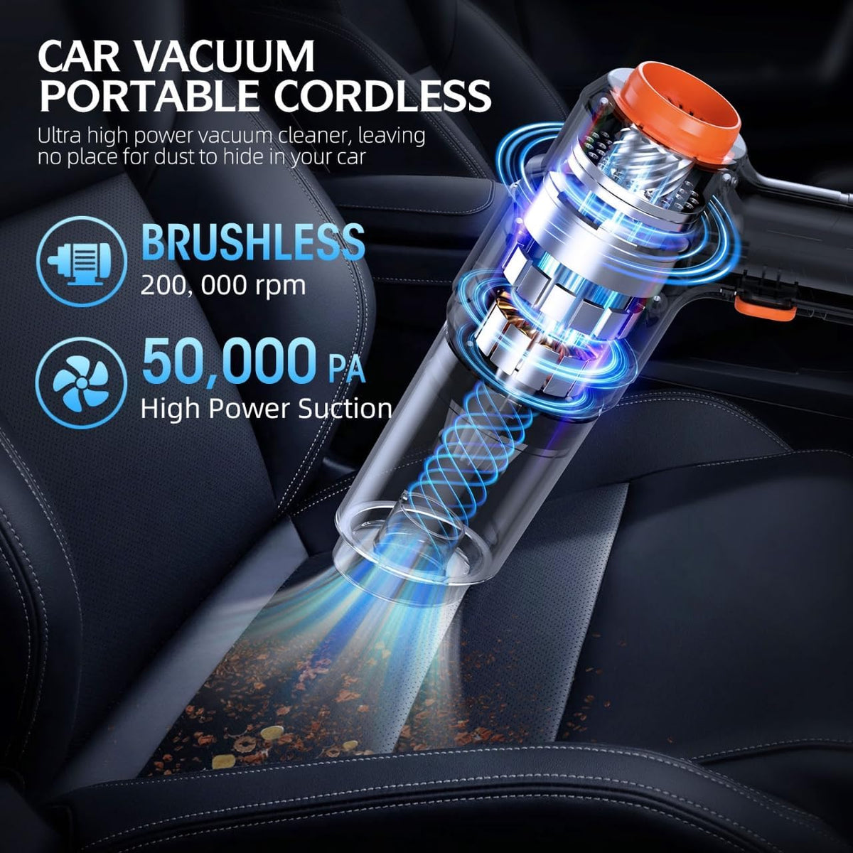 Car Vacuum Portable Cordless, 50000Pa High Power Brushless Motor, Rechargeable Handheld Vacuum with 2 Batteries & Charger, 6-in-1 Vacuum Cleaners for Home, Pet Hair & Keyboard, Ink Black