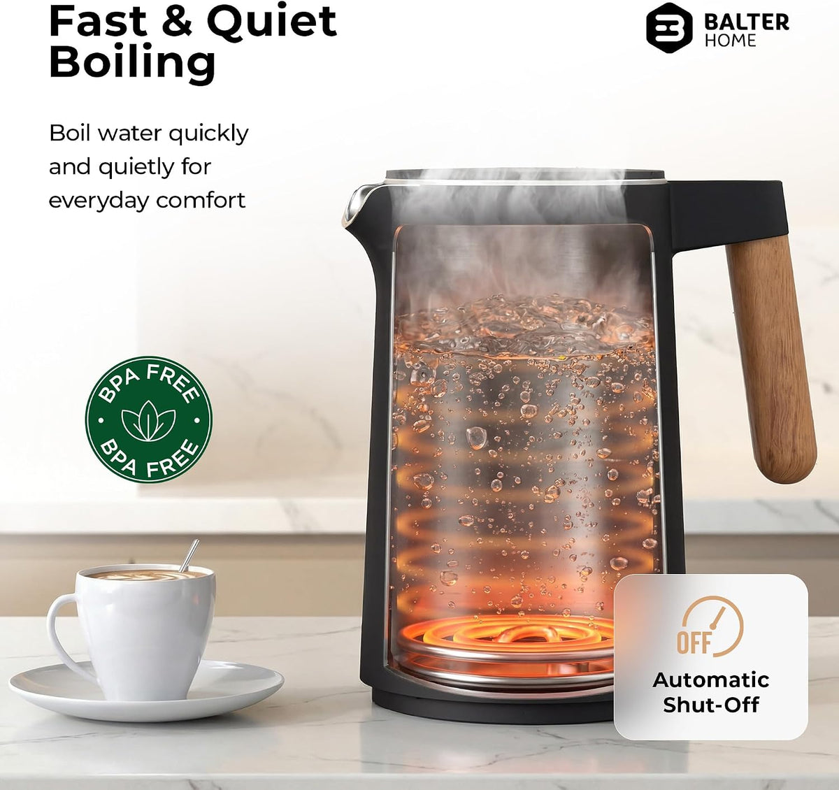 BALTER Electric Kettle with Temperature control, 113 °F – 212 °F, Tea pot, Stainless steel, double wall water kettle, BPA-free, 1.5 L, Black