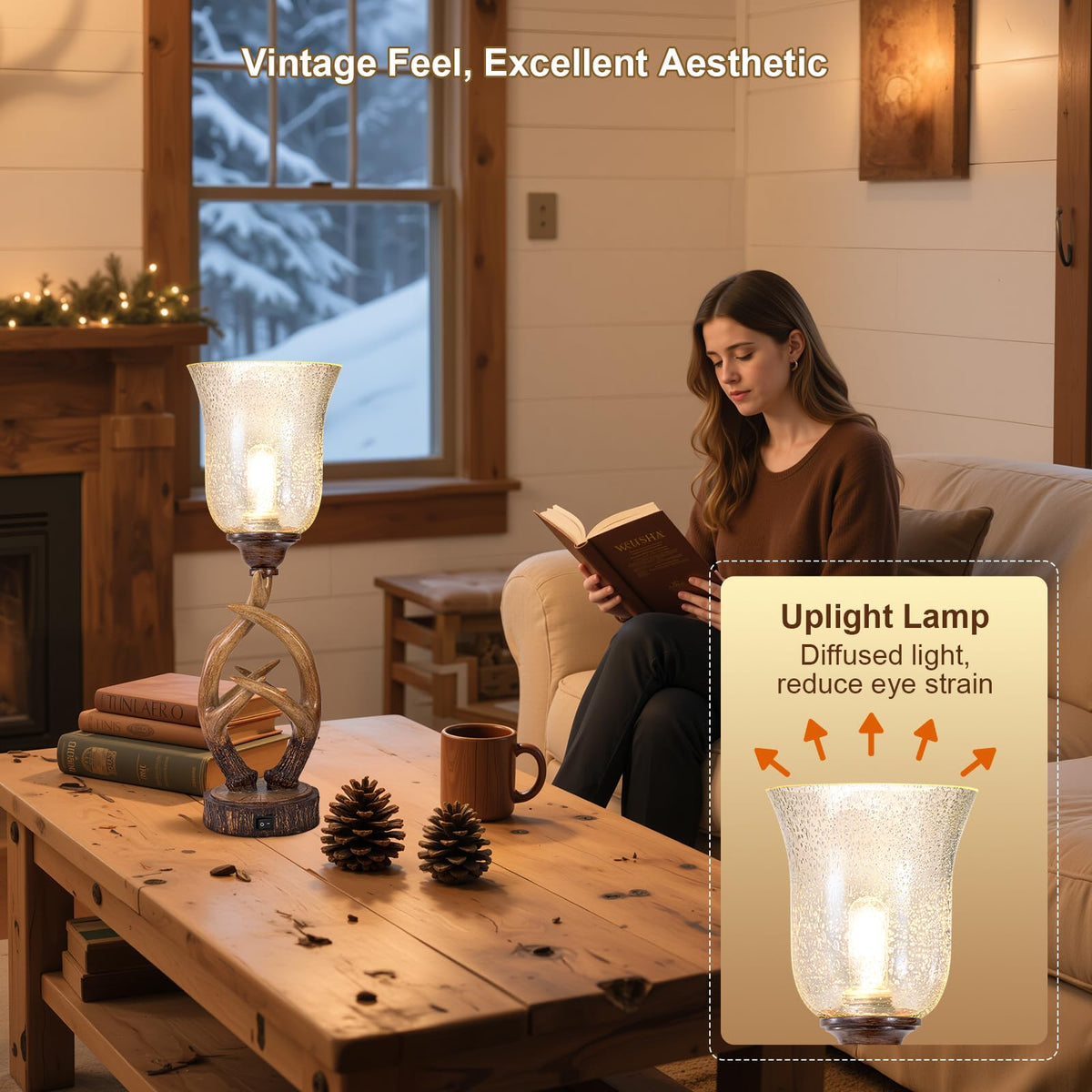 Scenekoy Deer Antler Table Lamp Set of 2 with Nightlight for Living Room