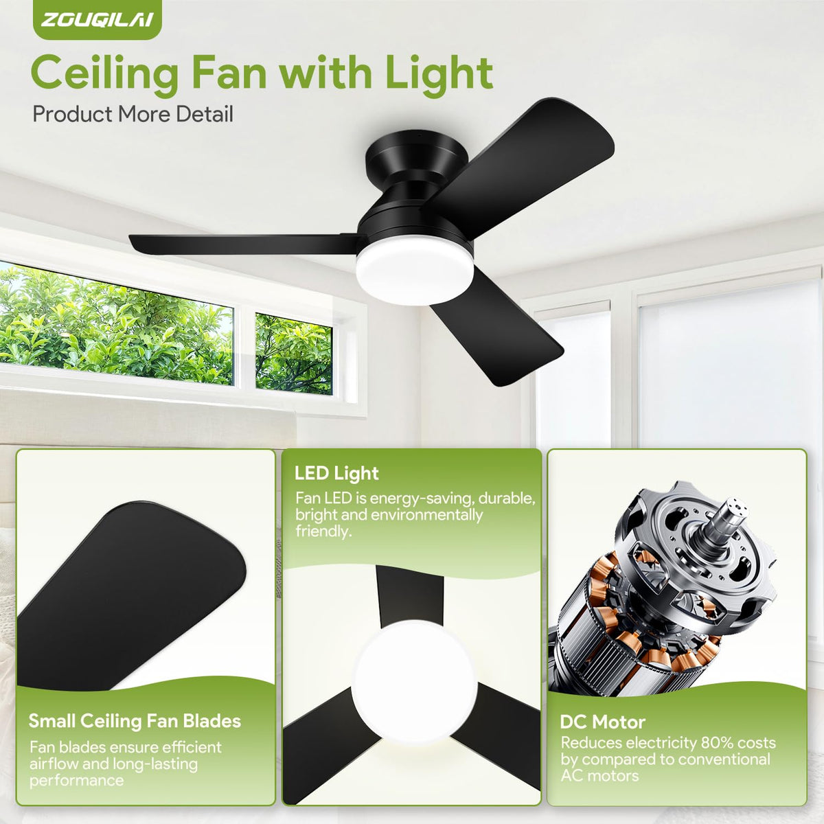 42'' Black Low Profile Ceiling Fans with Lights and Remote Control