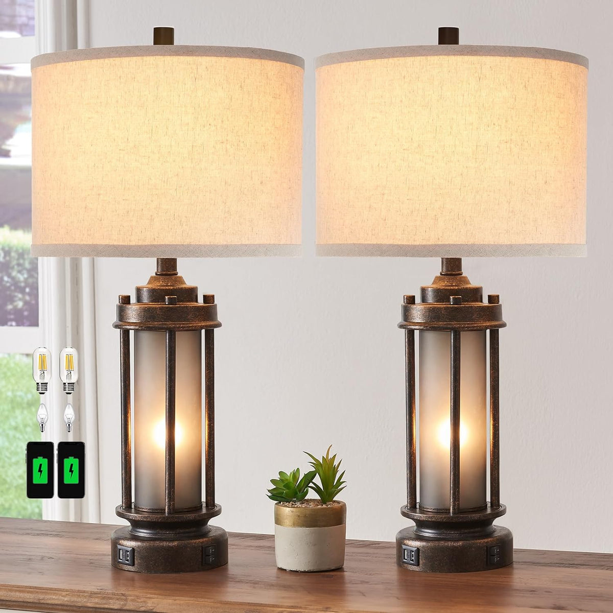 AIEAMPDO 25'' Set of 2 Farmhouse Table Lamps for Living Room with USB C+A