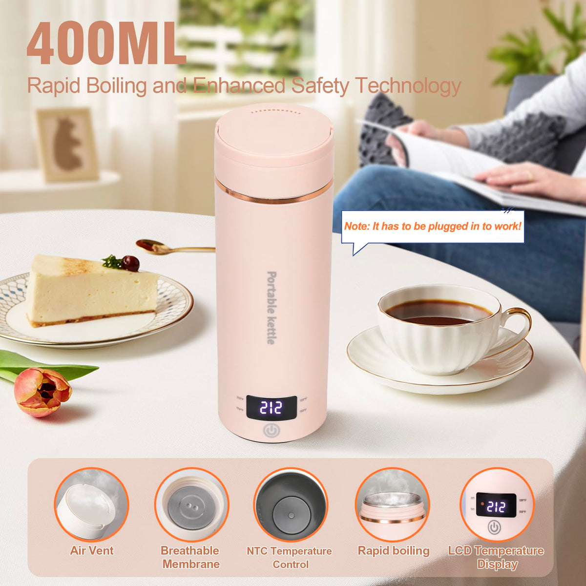Portable Electric Kettle for Travel 120V, 13.5oz, 4 Temp Settings