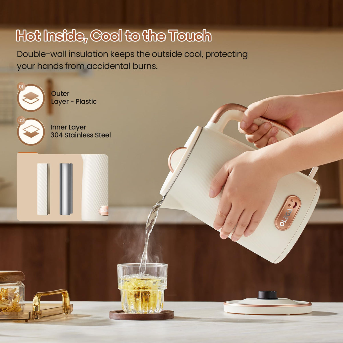 OLEGA Electric Kettle: 1200W Fast Boil Electric Water Kettles, 1.5L Double Wall Stainless Steel Tea Kettle, Auto Shut-Off, BPA-Free Hot Water Boiler Teapot for Coffee & Tea -Ligth Green