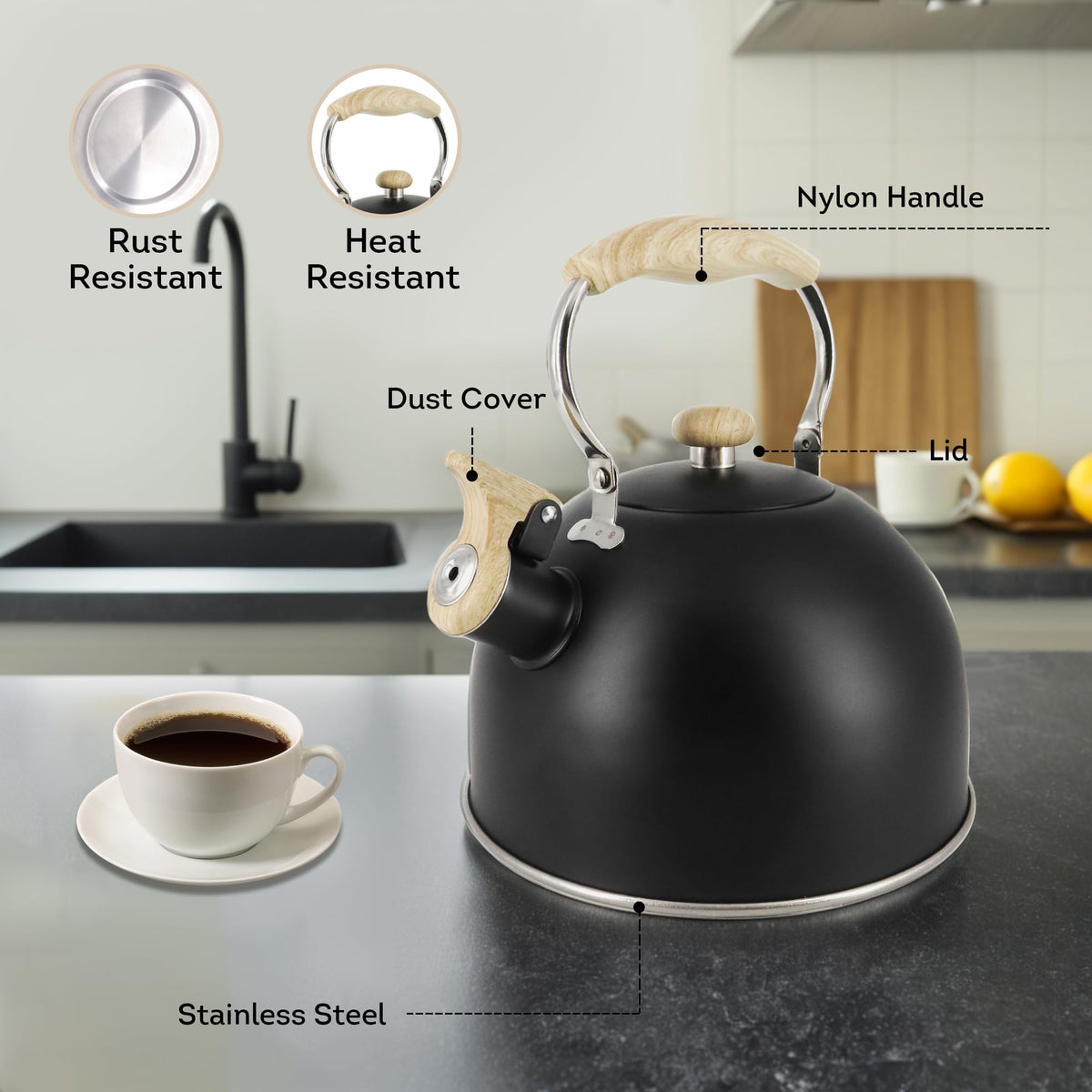 Lily's Home 2 Quart Stainless Steel Whistling Tea Kettle, the Perfect Stovetop Tea and Water Boilers for Your Home, Dorm, Condo or Apartment. (Blue)