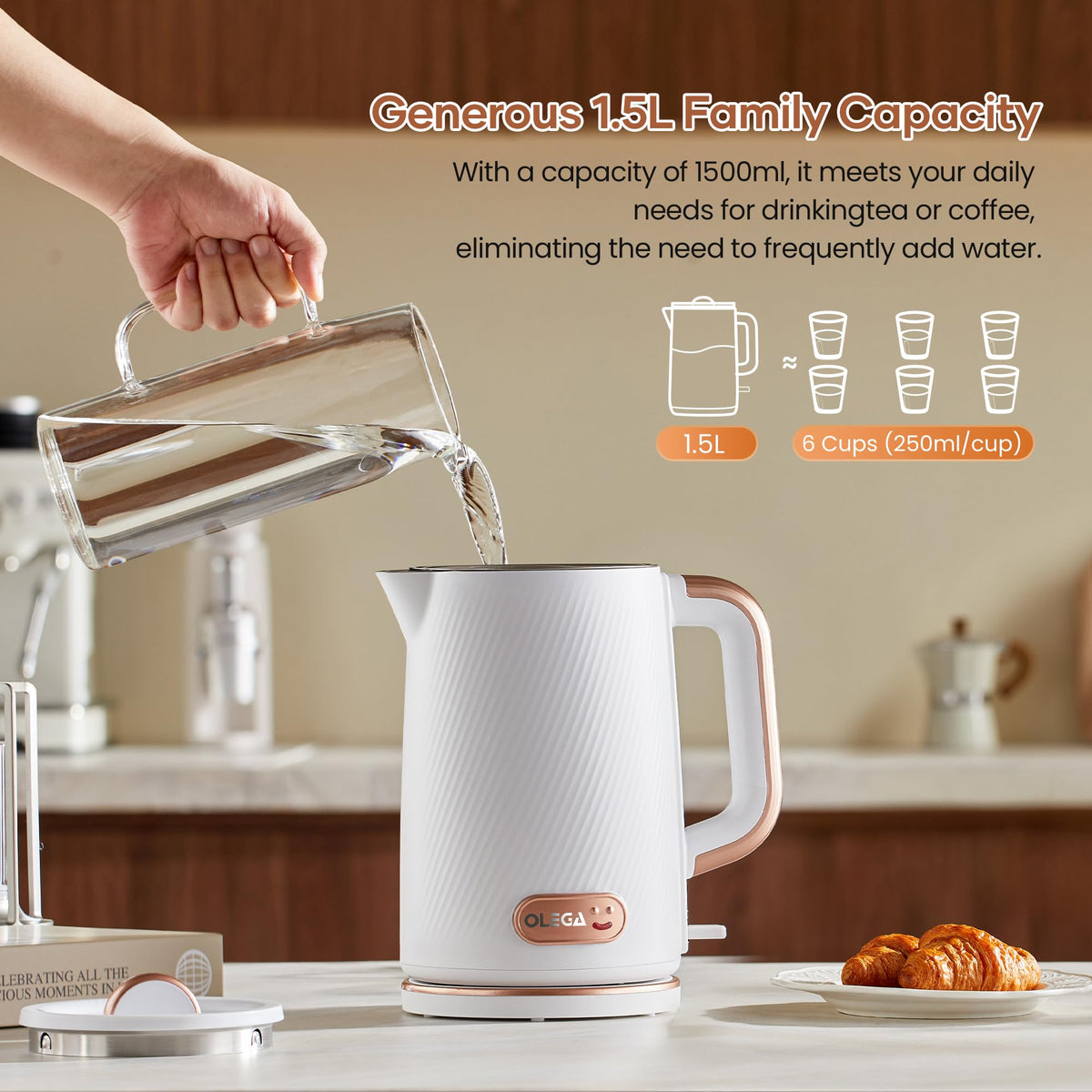 OLEGA Electric Kettle: 1200W Fast Boil Electric Water Kettles, 1.5L Double Wall Stainless Steel Tea Kettle, Auto Shut-Off, BPA-Free Hot Water Boiler Teapot for Coffee & Tea -Ligth Green