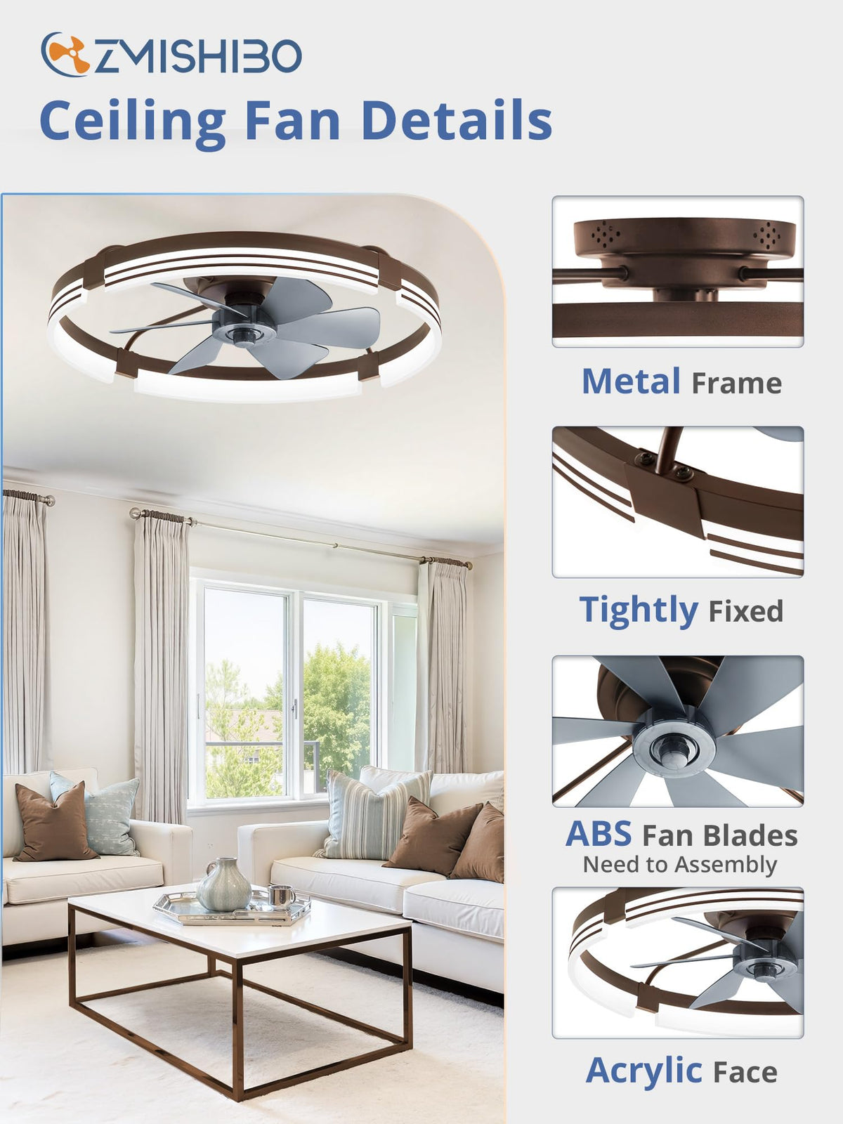 ZMISHIBO Low Profile Ceiling Fans with Lights and Remote, 20" Black