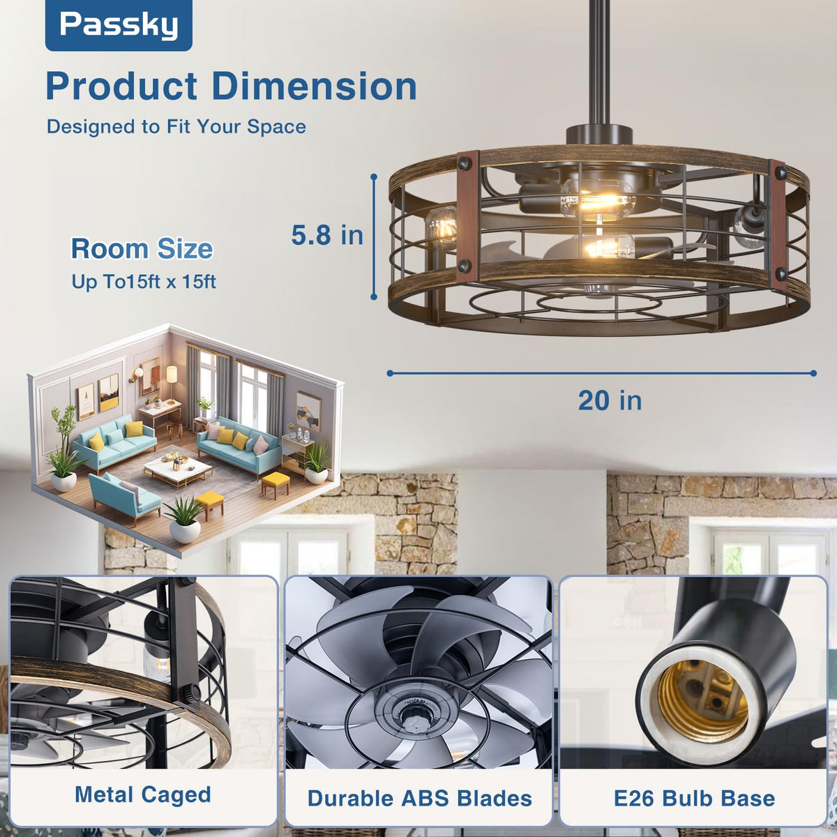 Passky 20" Caged Ceiling Fans with Lights and Remote, Low Profile Fandelier