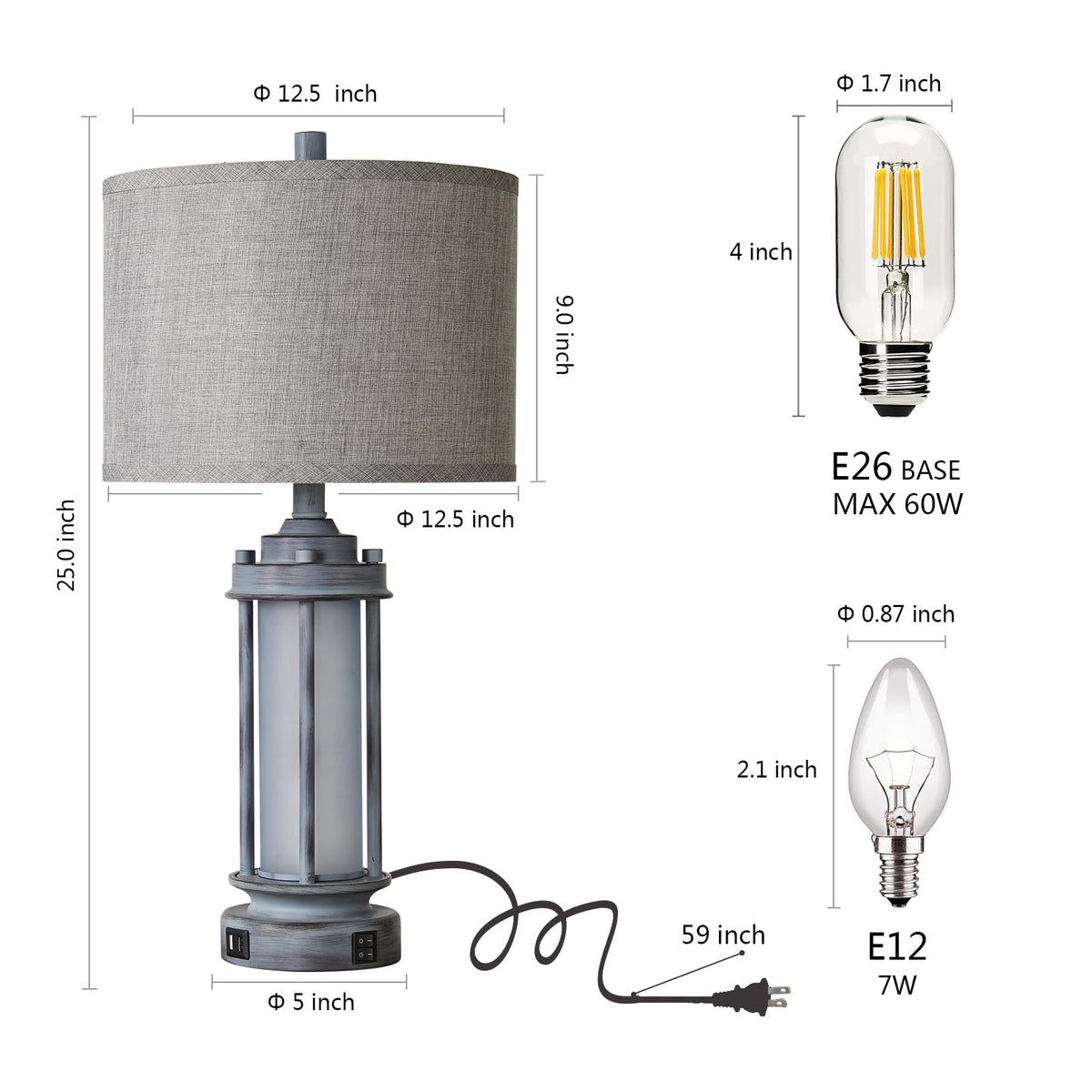 AIEAMPDO 25'' Set of 2 Farmhouse Table Lamps for Living Room with USB C+A